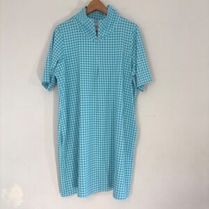 Lands End Women XL Swim Dress Cover Up‎ 1/2 Zip Gingham Aqua Pocket Beach Resort